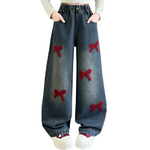 パンツ キッズ 女の子 ジュニア デニム 春秋 ゆったり ストレートワイドパンツ ウエストゴム 無地 おしゃれ 普段使い 通学 カジュアル ボトムス