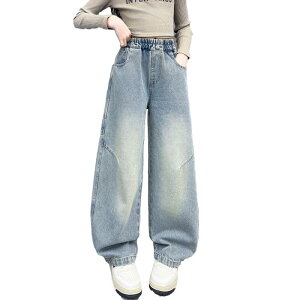デニムパンツ 女の子 キッズ ジュニア 春秋 ワイド ストレートパンツ ゆったり ルーズ ハイウエスト ウエストゴム カジュアル 普段使い 通学 韓国ファッション トレンド おしゃれ 後ろ斜め