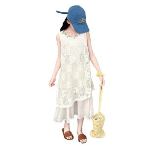 ワンピース 女の子 ガールズ ジュニア向け おしゃれ かわいい ボヘミアン ノースリーブ ドレス ポリエステル素材 UVカット レース切り替え アシンメトリー 春夏 ブルー アイボリー
