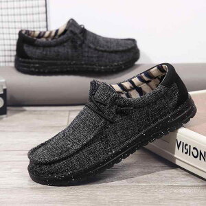 シューズ メンズ 大きいサイズ 韓国ファッション スリッポン ローファー デニム キャンバス 軽量 通気性 普段使い カジュアル ラウンドトゥ フラットソール ゴム底 ブラック モノトーン 春