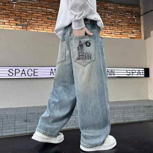 デニムパンツ 男の子 キッズ ジュニア 春秋 ストレート ロングパンツ ストリート カジュアル おしゃれ ソフト加工 ハイウエスト ウエストゴム 普段使い