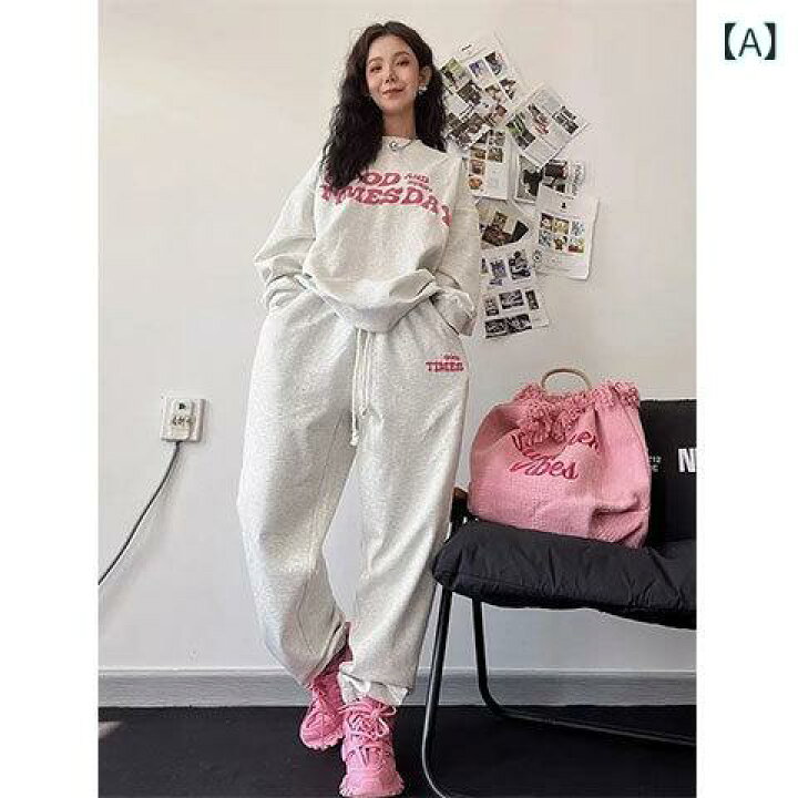 スウェット セットアップ レディース アメカジ風 ゆったり オーバーサイズ トレーナー パンツ 春秋 おしゃれ トレンド インフルエンサー ストリートカジュアル 普段使い ルームウェア 2点セット コットン グレー おうち健康生活