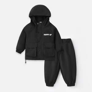 アウトドアウェア 男の子 キッズ 秋冬 ウインドブレーカー フード付き 裏地付き パンツ 上下セット ポリエステル 防風 防寒 ブラック スポーツ 通学 普段使い