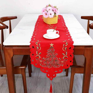テーブルランナー クリスマス 刺繍 クリスマスツリー柄 北欧風 シンプル ポリエステル レッド リビング ダイニング キッチン 食卓 パーティー レストラン 業務用 お祝い 飾り付け おしゃれ