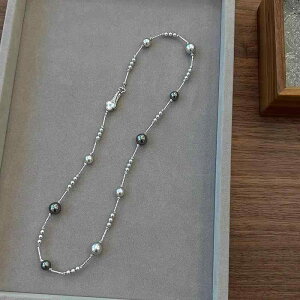 ネックレス レディース 女性用 マザーオブパール 貝殻 如意結び 縁起物 真多麻グレー パール フェイクパール ロング丈 円珠チェーン 上品 エレガント オフィス 通勤 普段使い