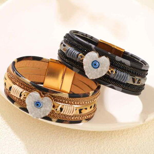 ブレスレット レディース 欧米風 ボヘミアン ハート形 ラインストーン マグネット留め 合金 PUレザー フェイクレザー ソフト 高級感 通勤 オフィス カジュアル 普段使い ベージュ ブラック