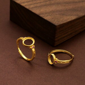 指輪 レディース 純銀 ゴールド 金メッキ 卵形 ベゼルセッティング 空枠 オープンリング サイズ調整可能 フリーサイズ 精巧 繊細 上品 シンプル クラシック オフィススタイル 通勤 デイリー