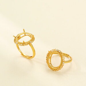 指輪 レディース 純銀 ゴールドメッキ 空枠 石なし オーバル 爪留め 透かし細工 オープンリング サイズ調整可能 繊細 エレガント 上品 高級感 普段使い オフィス 通勤 ファッション