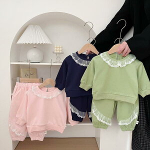 キッズ セットアップ 女の子 ベビー かわいい スウィート おしゃれ 普段使い 長袖 トレーナー スウェット ロングパンツ フリル レース 切り替え 綿 ソフトタッチ 春秋 2点セット ネイビー ラ