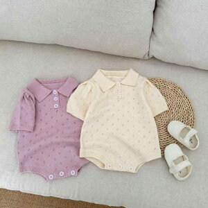 ロンパース 女の子 ベビー 新生児 夏 薄手 ニット 半袖 透かし編み おしゃれ かわいい 韓国 カバーオール ボディスーツ 低月齢 0歳 1歳 満月 お宮参り 出産祝い 再生繊維 パープル オフホワイ