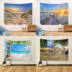 タペストリー 3D窓 ビーチ ヤシの木 南国リゾート風景 ファブリックポスター 壁掛け布 ウォールデコレーション 大判 長方形 ポリエステル モダン 寮 寝室 リビング インテリア 部屋 模様替え