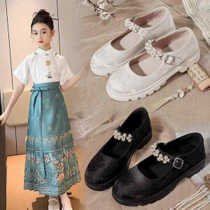 プリンセスシューズ 女の子 子供 女の子 キッズ 漢服風 メリージェーン 中国風 古典風 ラインストーン 刺繍 マジックテープ 牛革スエード 白 ベージュ ピンク 黒 春夏