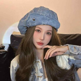 帽子 レディース メンズ 男女兼用 韓国ファッション デニム生地 綿 ダメージ加工 ボタン付き ベレー帽 キャスケット ビッグサイズ 頭囲大きめ レトロ ヴィンテージ風 青系 カジュアル 秋冬