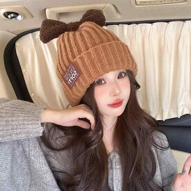 ニット帽 レディース 秋冬 リボン キャンディカラー 韓国 かわいい スウィート 保温 防風 小顔見え アクリル ビーニー ニットキャップ 通学 普段使い