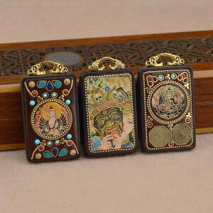 ネックレス 男女兼用 チベット タンカ 仏像 黄財神 ザキラム お守り 民族風 黒檀 ウッド 招財 金運 開運 ペンダントトップ 手作り ヴィンテージ風 レトロ 吉祥柄