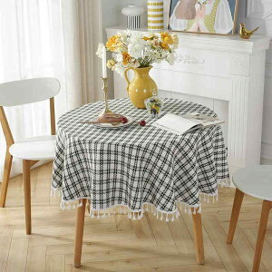 テーブルクロス 丸型 モダンシンプル おしゃれ 格子 ストライプ柄 フリンジ レース 滑り止め ポリエステル 麻混 食卓 ダイニング リビング 黒 黄 灰 赤 緑