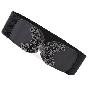 ベルト レディース 幅広 フェイクレザー ゴムベルト 花柄 レトロ ダブルバックル 伸縮性 ウエストマーク スカート ワンピース カジュアル オフィス 通勤 万能 ブラック ブラウン