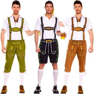 コスチューム メンズ 男性用 ドイツ ビール祭り ハロウィン バイエルン サロペット オーバーオール 上下セット 衣装 仮装 パーティー イベント 綿混紡 伸縮性 ストレッチ グリーン ブラウン