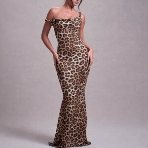 ワンピース レディース 欧米スタイル ヒョウ柄 レオパード柄 プリント ロング丈 タイト ボディコン ウエストマーク ノースリーブ ツイスト ポリエステル ポリウレタン 春夏 ストリート カジ