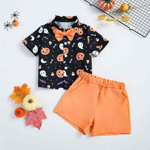 キッズ 男の子 ベビー ハロウィン コスチューム 衣装 仮装 かわいい おしゃれ 蝶ネクタイ カボチャ柄 半袖シャツ ショートパンツ 上下セット 2点セット イベント ポリエステル