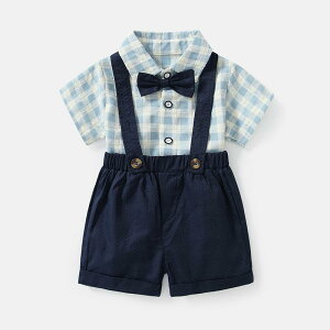 セットアップ ベビー 男の子 半袖 シャツ 蝶ネクタイ パンツ フォーマル 発表会 お呼ばれ セレモニー 紳士風 チェック柄 綿素材 ブルー 夏 防臭加工 柔らかい 肌触り かわいい おしゃれ 子供