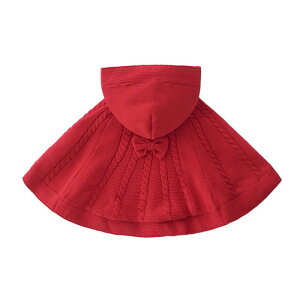 ポンチョ ベビー 女の子 秋冬 綿ニット フード付き 裏起毛 厚手 レッド 赤ちゃん ケープ マント アウター 外出 おでかけ 普段使い