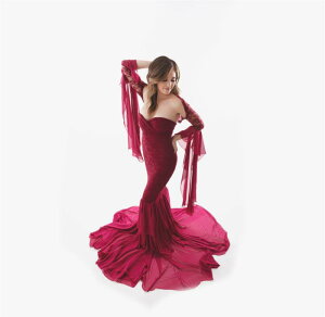 ワンピース セット レディース マタニティ レース シフォン 切り替え 長袖 アウター ベアトップ ロングドレス トレーン クルーネック フレアスリーブ ハイウエスト フリル ワインレッド