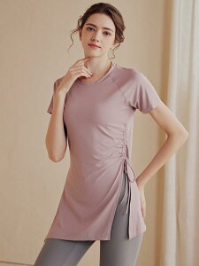 トップス レディース 高級感 ヨガ フィットネス ウェア 春夏 薄手 軽量 半袖 ゆったり ロング丈 ドローストリング 吸湿速乾 ポリエステル スポーツ ジム 普段使い 黒 白