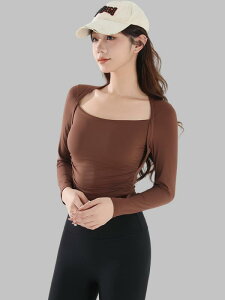 ヨガトップス レディース 女性用 長袖 スリムフィット フェイクレイヤード カップ付き 高級感 吸湿速乾 ナイロン スパンデックス ランニング ジム トレーニング フィットネス サイクリング