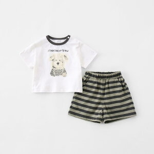 セットアップ 男の子 ベビー 夏用 薄手 綿 半袖 ショートパンツ 韓国 犬柄 ドッグプリント 2点セット 上下セット カジュアル 子供服 普段着 ルームウェア