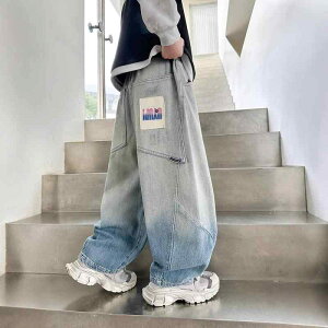 デニムパンツ 男の子 キッズ ジュニア 春秋 ロング丈 ゆったり ルーズフィット ミドルウエスト コットン カジュアル 韓国スタイル ウォッシュ加工 ブルー 普段使い おしゃれ
