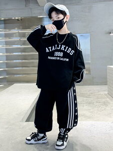 子供服 男の子 セットアップ 春秋 スポーツウェア 2点セット 小中学生向け ジュニア クール カジュアル 普段着 通学着 長袖長ズボン 柔らか 綿 オフホワイト ブラック