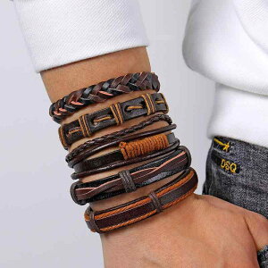 ブレスレット メンズ 男性用 個性的な 多重 編み込み 合成皮革 革紐 クロス 5点セット レトロ ヴィンテージ風 ブリットレトロ 手編み 幾何学模様 タッセル ダブルリング