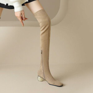 ニーハイブーツ レディース ラインストーン装飾 変形ミドル細ヒール 秋冬 スエード ストレッチ スクエアトゥ スキニー サイドジップ フェイクファー裏地 防寒 暖かい 通勤 普段使い