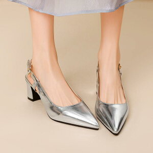 サンダル レディース 女性用 ポインテッドトゥ クローズドトゥ バックストラップ 太ヒール チャンキーヒール ハイヒール 合皮 フェイクレザー 大きいサイズ 春夏 ゴールド 金 シルバー 銀