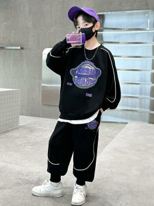 スウェット 上下セット キッズ 男の子 男児 ジュニア 春秋 綿 柔らかい 肌触り良い カジュアル スポーツ 運動着 普段使い 通学 クール スタイリッシュ 黒 長袖 長ズボン 小中学生向け