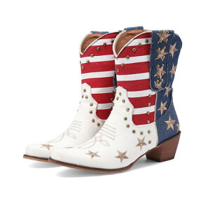 ショートブーツ レディース ウエスタンブーツ 太ヒール チャンキーヒール スクエアヒール フリンジ スタッズ 切り替え ポインテッドトゥ ブルー ホワイト 秋冬 マイクロファイバー カジュ