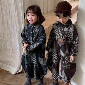 ロンパース キッズ ベビー 男の子 女の子 秋冬 カバーオール オールインワン シャツスタイル プリント ドット柄 ナチュラル レトロ 九分丈 綿 かわいい 韓国 普段使い お出かけ ブラウン ネ