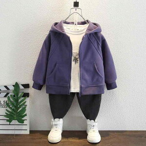 アウター キッズ 男の子 ジャケット パーカー 春秋 韓国 ストリート カジュアル フード付き やんちゃ クール 長袖 ショート丈 ジップアップ 綿 コットン パープル 通園 通学 普段使い お出か