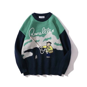 ニット 男女兼用 セーター クルーネック 和風 レトロ キャラクター 刺繍 ゆったり ルーズフィット カジュアル 普段使い ペアルック プルオーバー 長袖 秋冬 ブルー ナイロン 通気性 トップス