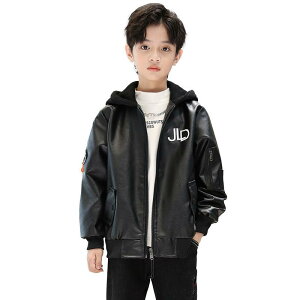 ライダースジャケット 男の子 キッズ ジュニア 小中学生 フェイクレザー フード付き ジャケット アウター 革ジャン 春秋 ショート丈 ジップアップ カジュアル おしゃれ かっこいい