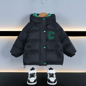 ダウンジャケット キッズ 男の子 ボーイズ ベビー 秋冬 アウター 厚手 暖かい 保温 防寒 フード付き ゆったり 韓国 カジュアル ダウン ジップアップ ナイロン ポリエステル ブラック グリー