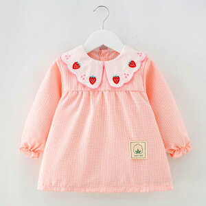 エプロン キッズ 子供用 ベビー 綿 コットン 純綿 防水 防汚 撥水加工 袖付き 秋冬 かわいい おしゃれ プリンセス風 ワンピース チェック柄 いちご ハート りんご