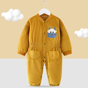 ロンパース ベビー キッズ 男の子 女の子 男女兼用 コーデュロイ ポリエステル 秋冬 食事 汚れ防止 プレイウェア カバーオール 長袖 キャラクター 牛柄 かわいい ずりばい ハイハイ