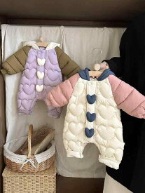 ベビー 新生児 オールインワン ハイハイ服 男の子 女の子 冬 長袖 フード かわいい 立体 ハート柄 配色 ナイロン 厚手 中綿 ジッパー 外出 普段使い 紫 ベージュ ユニセックス