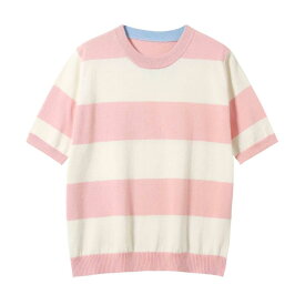 Tシャツ レディース 夏 半袖 ニット コットン ストライプ 切り替え コントラスト クルーネック プルオーバー ミドル丈 爽やか かわいい カジュアル 普段使い ピンク ブルー ネイビー