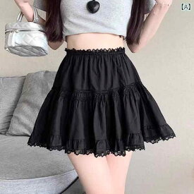 スカート レディース 夏 ミニ フレア ハイウエスト Aライン レース フリル プリーツ かわいい プリンセス風 スリム 白 黒 ポリエステル ストレッチ 爽やか 甘め 普段使い