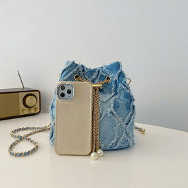水桶バッグ レディース デニム 夏 切り替え ショルダー 斜めがけ ソフト 中型 ドローストリング ジッパー内ポケット シングルストラップ 普段使い ストリートファッション ジルコニア柄 ブルー ライトブルー ピンク