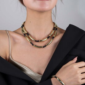 ネックレス レディース レトロ 竹節 二重層 切り替え 金 鎖骨チェーン ブレスレット アクリル U字 高級感 個性 幾何 冬 レイヤード アクセサリー 普段使い