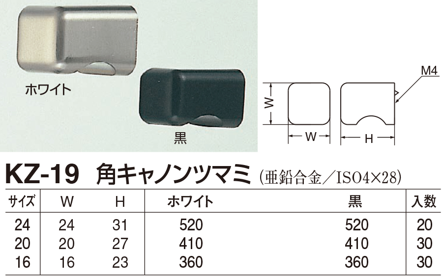 【シロクマ】角キャノンツマミ KZ-19 20mm ホワイト（数量：1） おうちまわり 